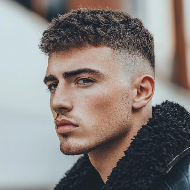 A bold Bald Fade with a textured top, highlighting contemporary Short Hairstyles and Haircuts for Men.