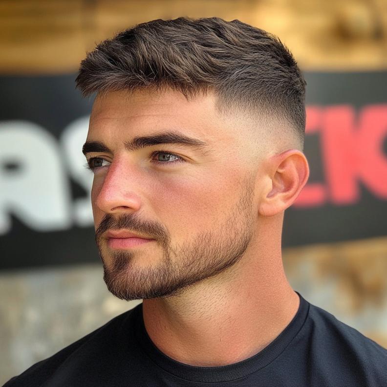 A bold Low Bald Fade with a textured top, a trendy look in Short Hairstyles and Haircuts for Men.