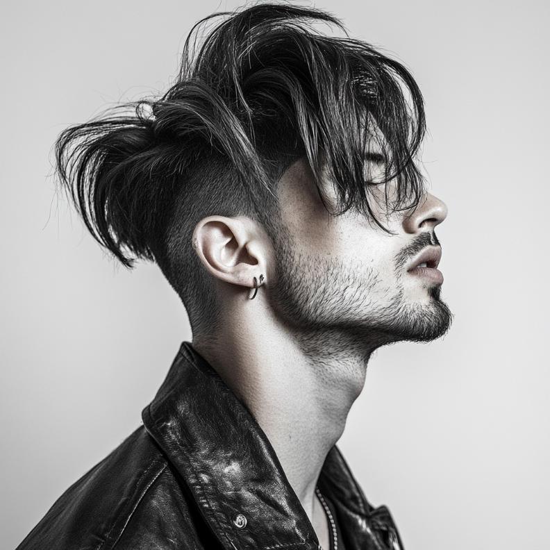 A bold disconnected undercut, adding contrast in medium length hairstyles for men.