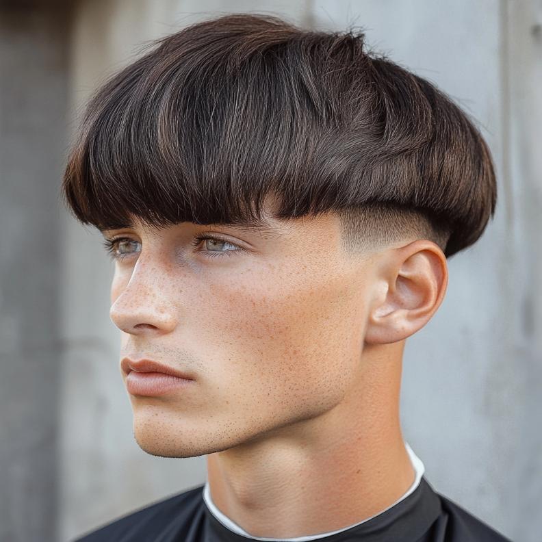 A bold modern bowl cut, a distinctive option among medium length hairstyles for men.