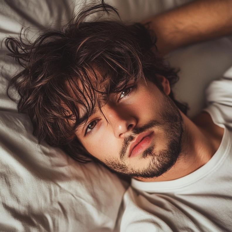 A casual messy bed head, perfect for effortless medium length hairstyles for men.