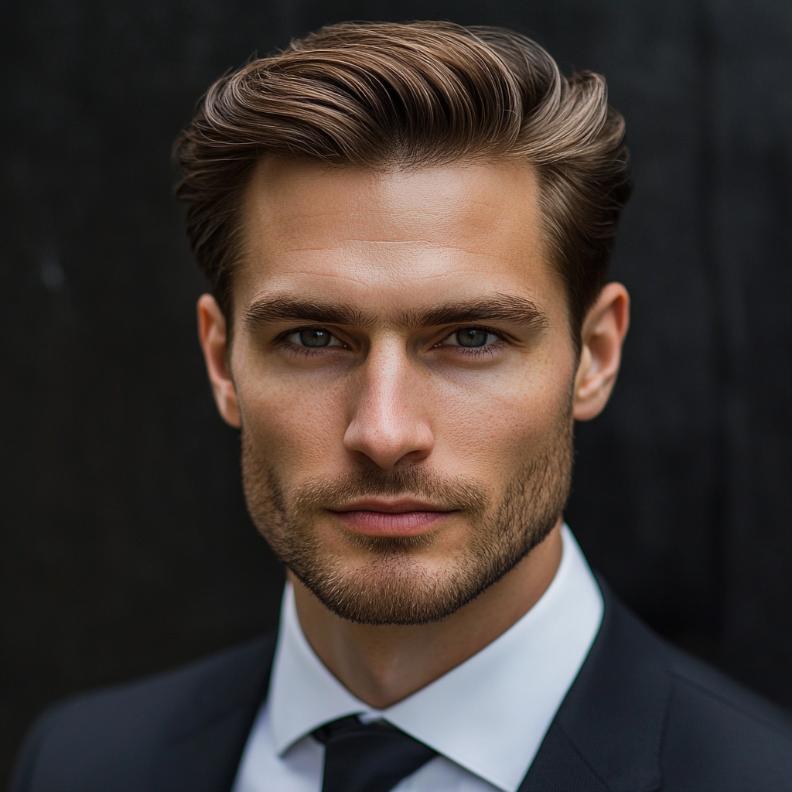 A classic business cut, a sophisticated medium length hairstyle for men.