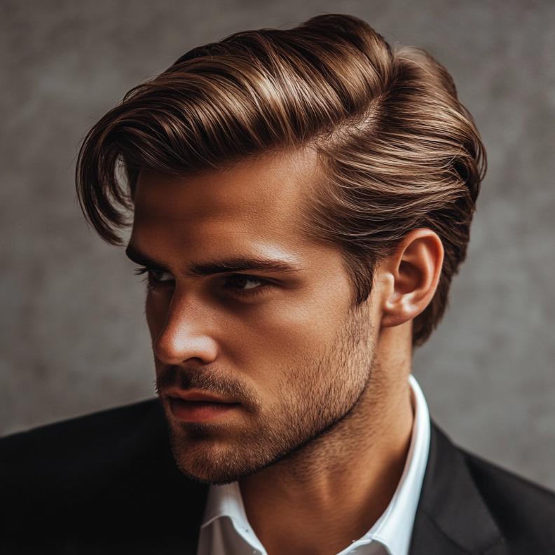 A classic comb-over, highlighting the structured style of medium length hairstyles for men.