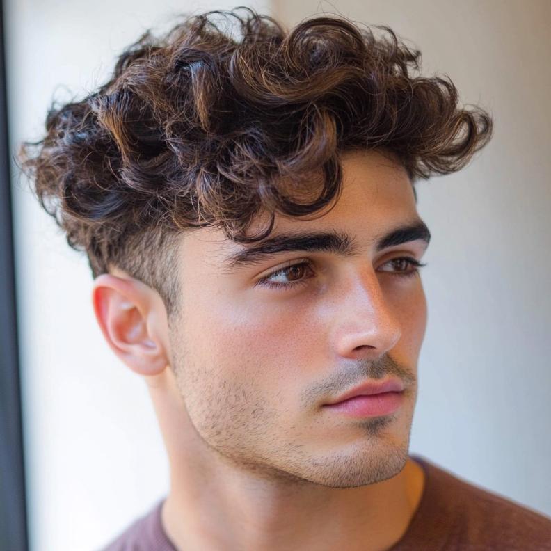 A curly comb-over, offering a fresh take on medium length hairstyles for men with curls.