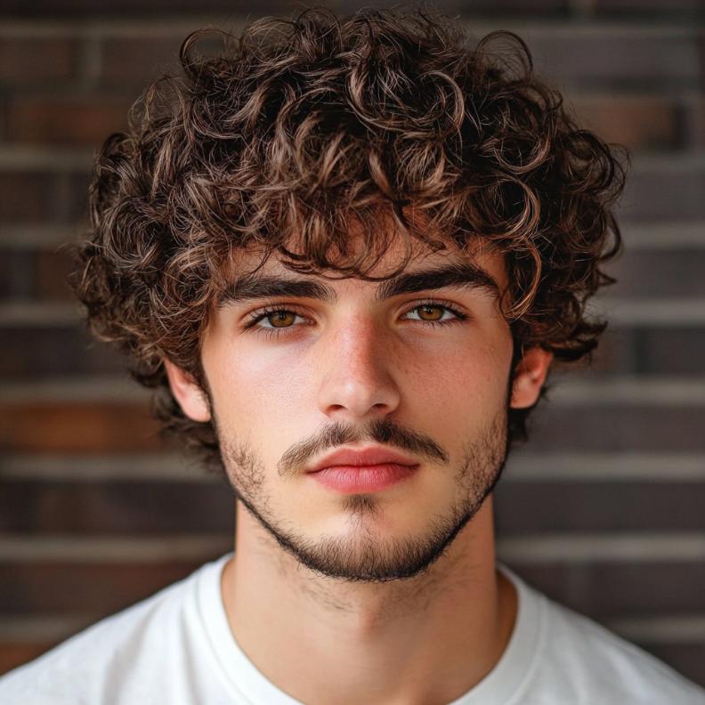 A curly fringe, showcasing natural curls in medium length hairstyles for men.