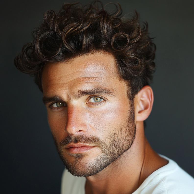 A curly quiff, adding volume and bounce to medium length hairstyles for men.