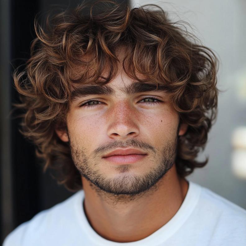 A curly shag, offering a textured and trendy look in medium length hairstyles for men.