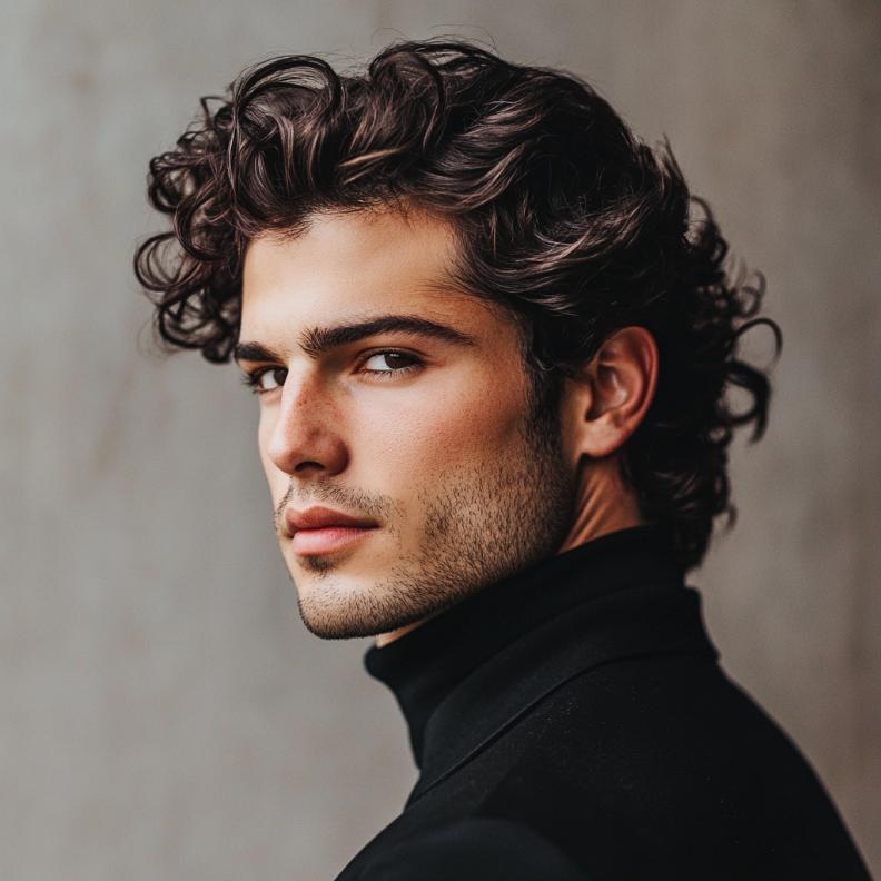 A curly slick back, merging sleek and curly elements in medium length hairstyles for men.