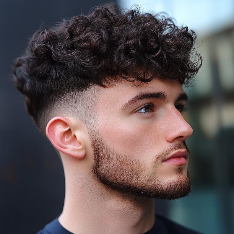 A curly taper fade, blending defined curls with clean lines in medium length hairstyles for men.