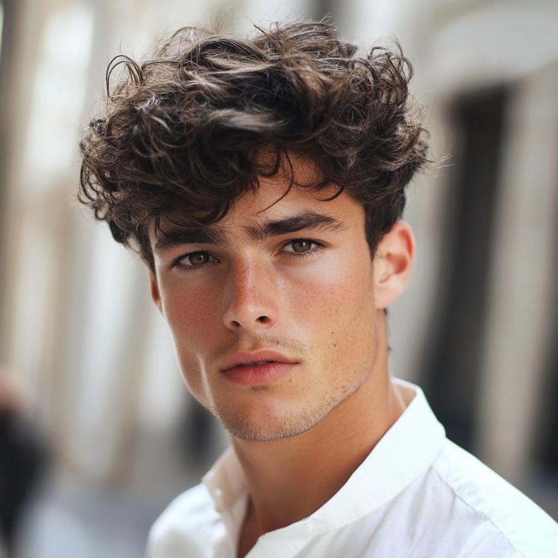 A curly top, emphasizing the texture and volume in medium length hairstyles for men.