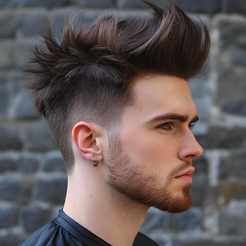 A daring faux hawk, an edgy medium length hairstyle for men who want to stand out.