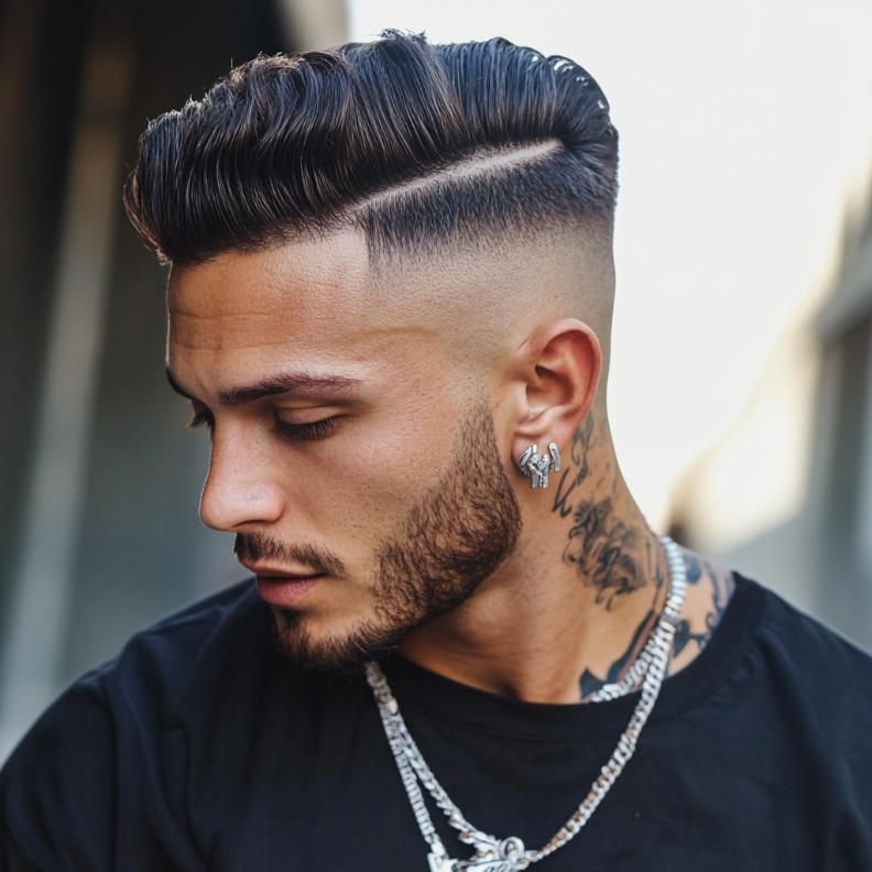 A defined High Skin Fade with Part, perfect for modern Short Hairstyles and Haircuts for Men.