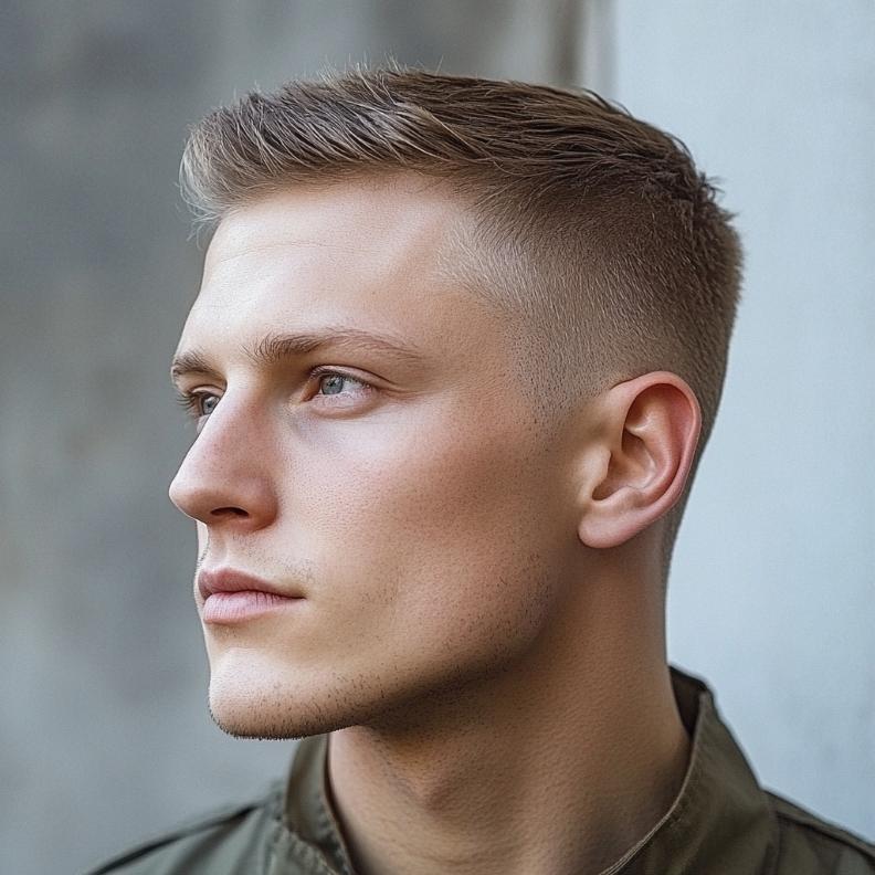 A disciplined Classic Military Cut, a strong choice among Short Hairstyles and Haircuts for Men.