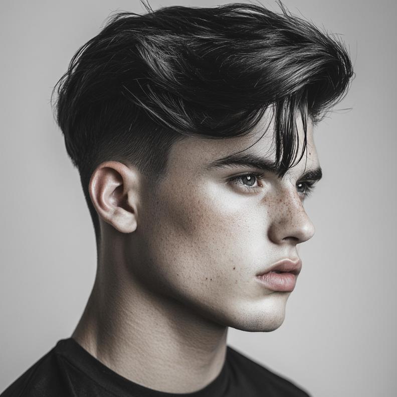 A disconnected side part, adding a bold contrast in medium length hairstyles for men.