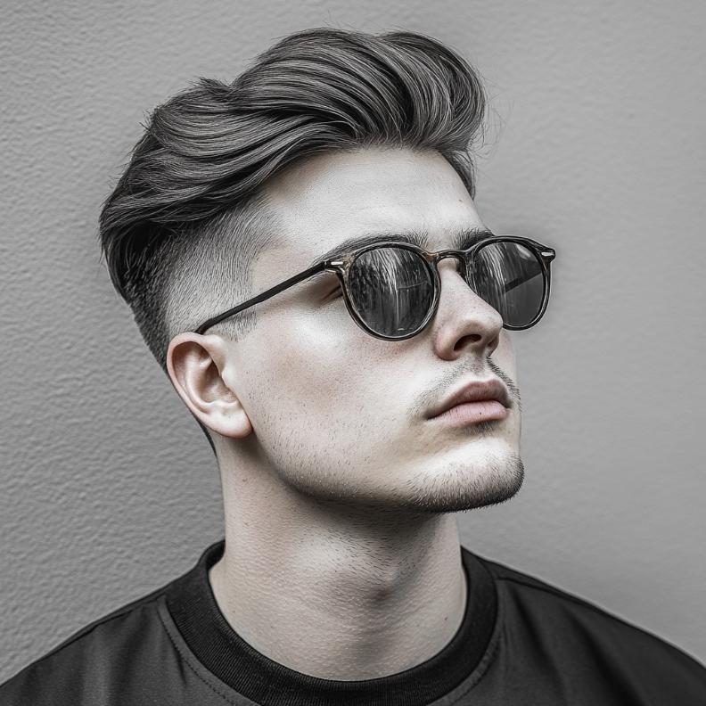 A fade with a medium-length top, blending sharp lines with volume in medium length hairstyles for men.