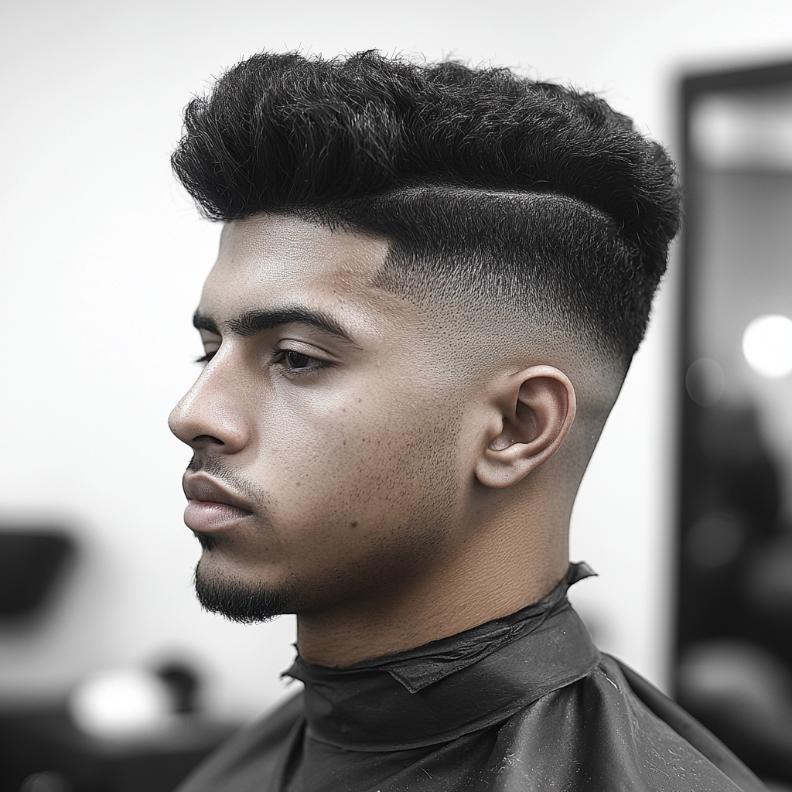 A high top fade, merging height with clean lines in medium length hairstyles for men.