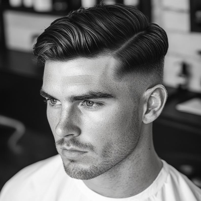 A low fade with a part, blending clean lines with medium length hairstyles for men.