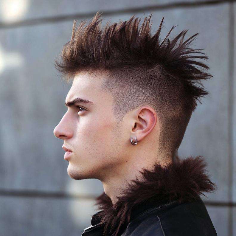 A medium-length mohawk, a statement-making hairstyle in the medium length category for men.