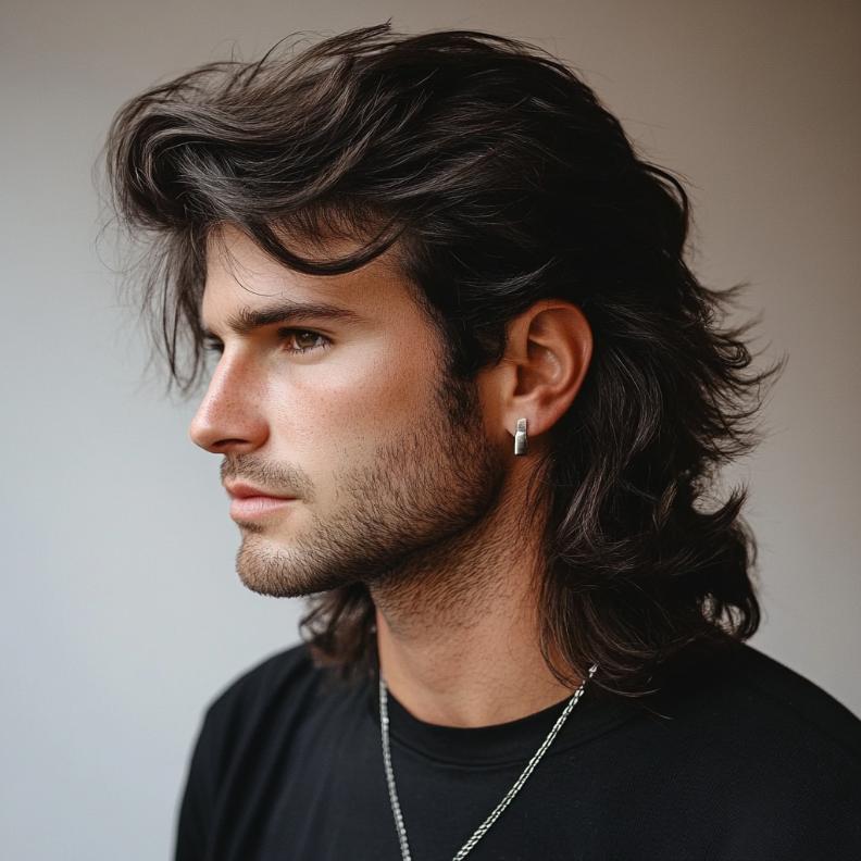 A medium-length mullet, blending retro and modern elements in medium length hairstyles for men.