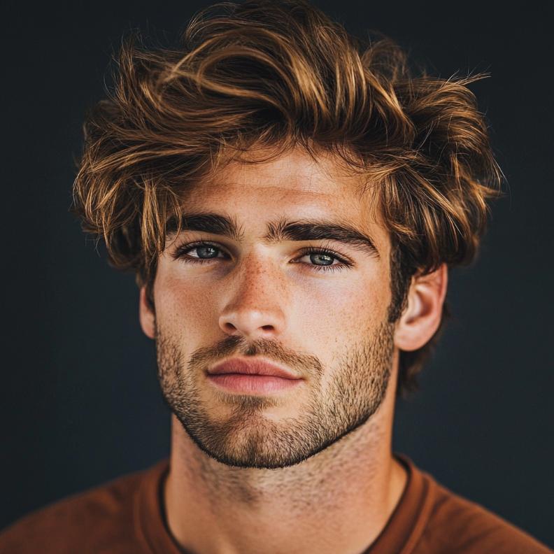 A messy wavy top, perfect for a casual and textured medium length hairstyle for men.