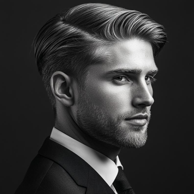 A neat comb-over, perfect for a professional and polished medium length hairstyle for men.