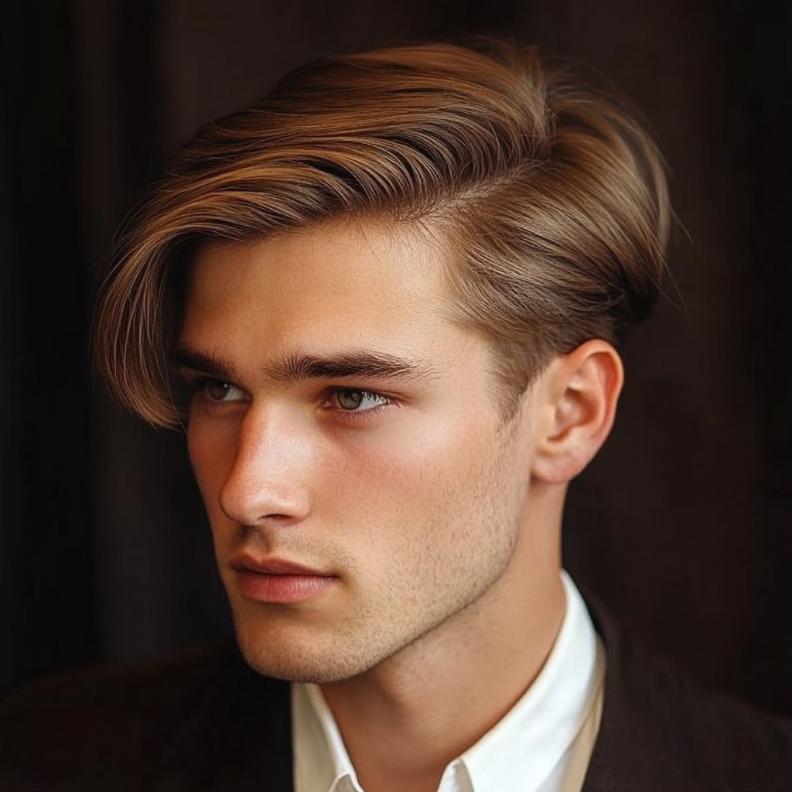 A neat side part, offering a classic and versatile option among medium length hairstyles for men.