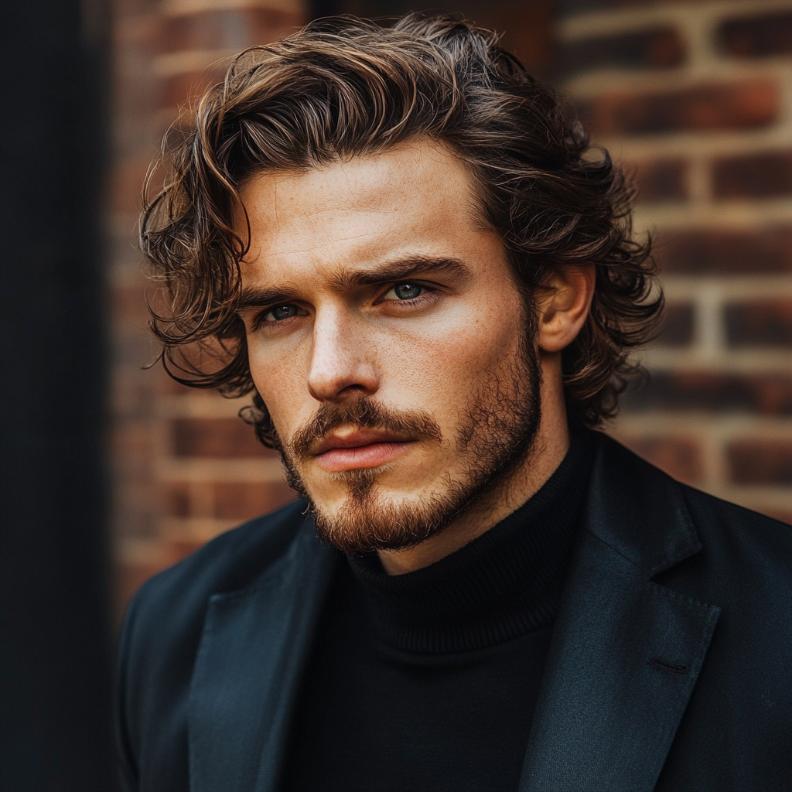 A polished wavy slick back, a refined medium length hairstyle for men with natural waves.