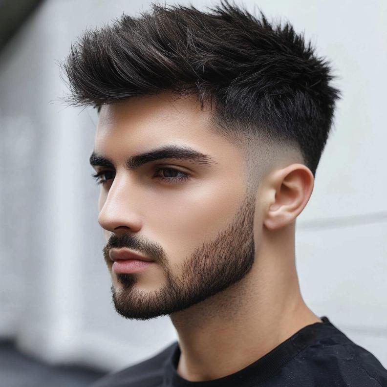 A precise line-up sharpens the look of this trendy Edgar haircut for men.