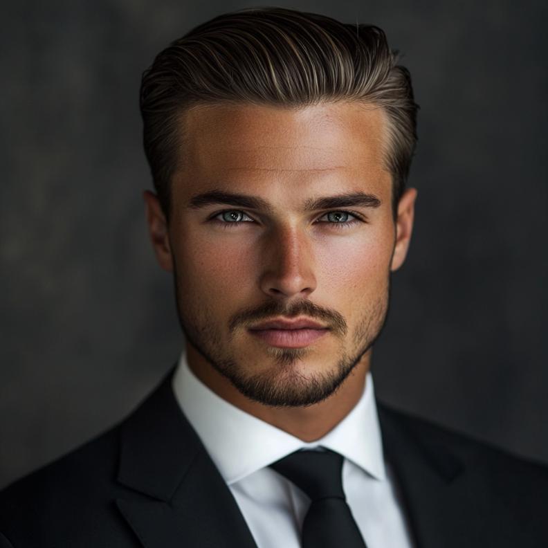 A professional slick back, a polished and sleek medium length hairstyle for men.