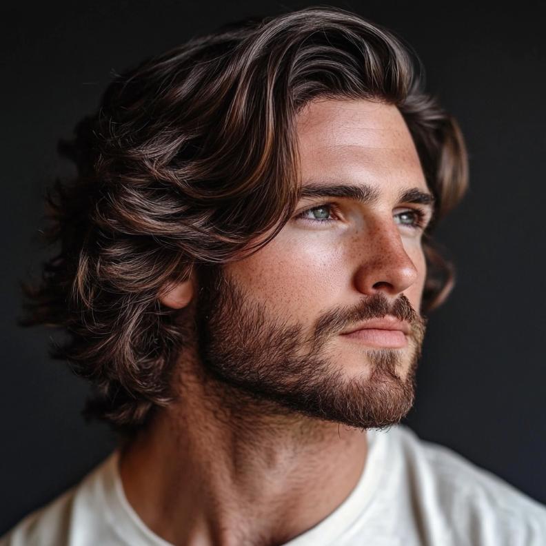 A relaxed wavy bro flow, embodying the natural movement in medium length hairstyles for men.