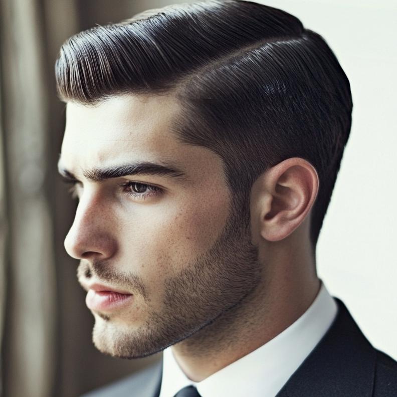 A retro touch with sideburns distinguishes this classic Edgar haircut for men.