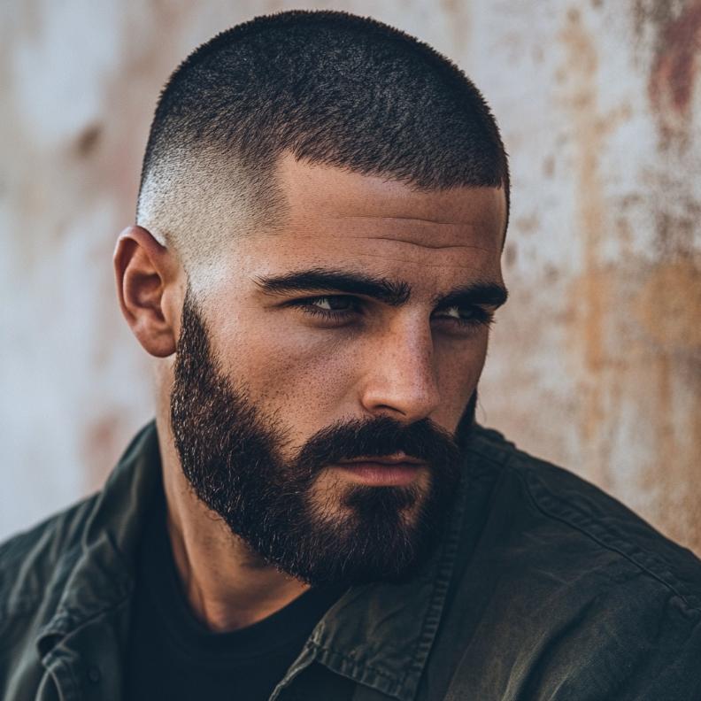 A rugged Buzz Cut with Beard, a versatile look in Short Hairstyles and Haircuts for Men.