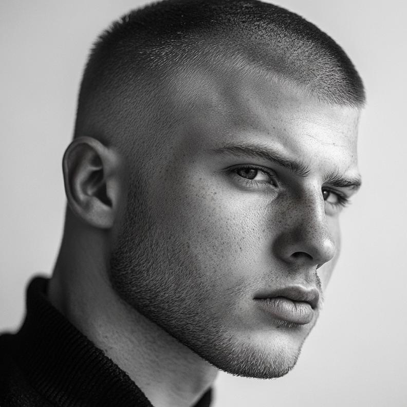 A sharp Buzz Cut highlighting bold and low-maintenance Short Hairstyles and Haircuts for Men.