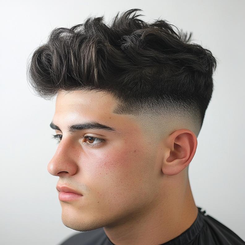 A sharp disconnect between the top and sides adds contrast to this Edgar haircut for men.