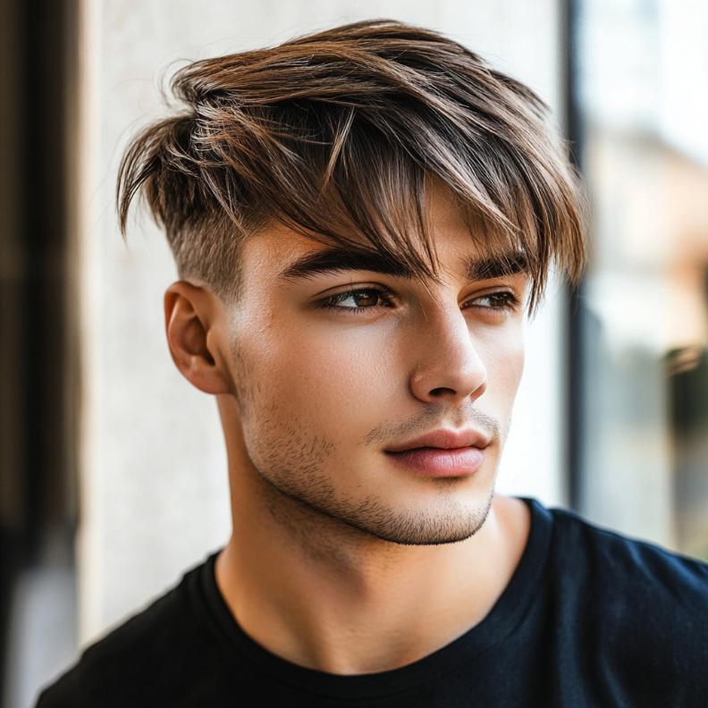 A side-swept fringe softens the structure of this Edgar haircut for men.