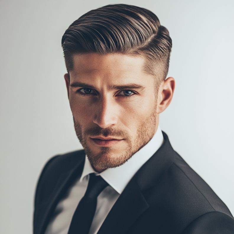 A sleek Short Slicked Back style, embodying elegant Short Hairstyles and Haircuts for Men.