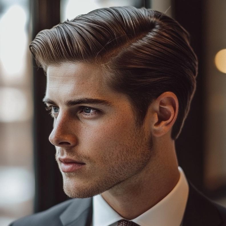 A sleek side part, a classic and polished choice in medium length hairstyles for men.