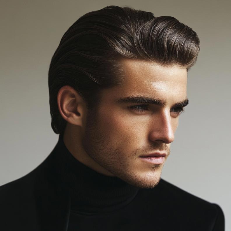 A sleek slicked-back look, a polished choice in medium length hairstyles for men who prefer a sophisticated style.