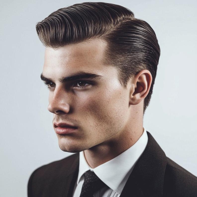 A slicked-back top gives a polished look to this refined Edgar haircut for men.