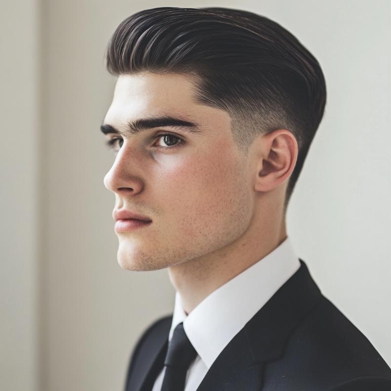 A smooth, shadowy fade complements this sleek Edgar haircut for men.