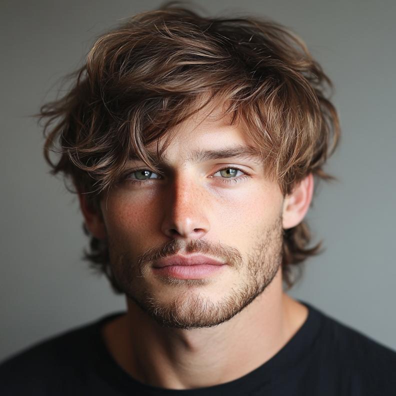 A soft wavy fringe, adding texture to medium length hairstyles for men.