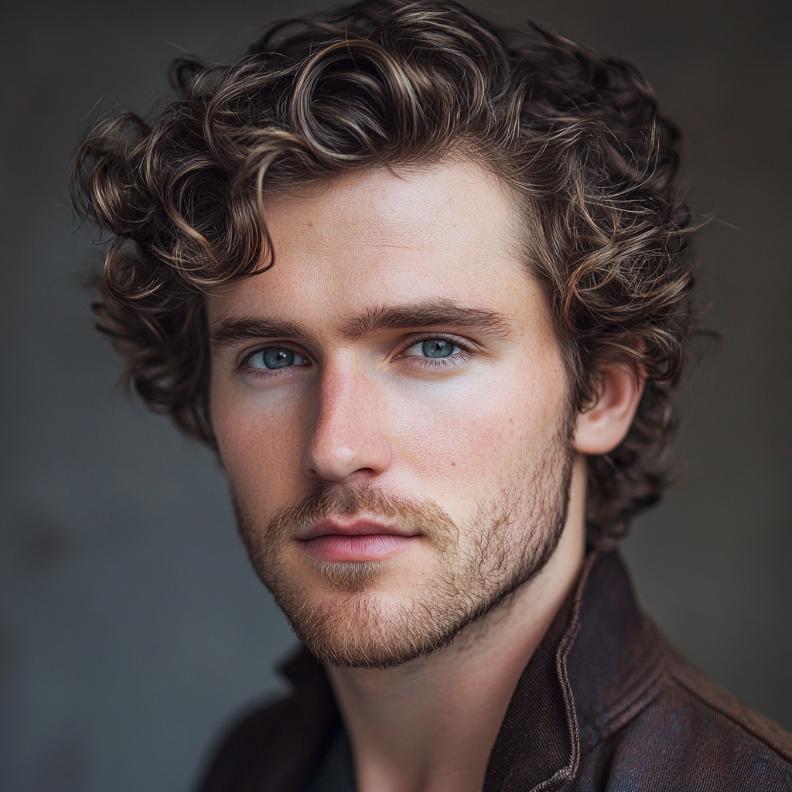 A sophisticated curly side part, a refined medium length hairstyle for men with natural curls.