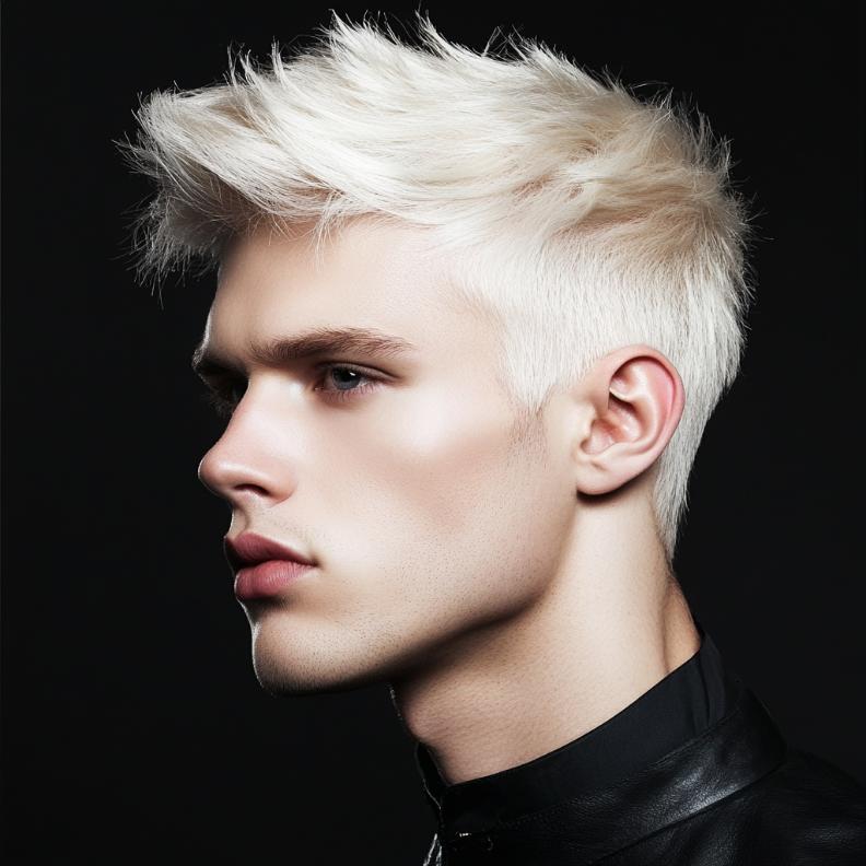  A striking platinum blonde color highlights this bold Edgar haircut for men.