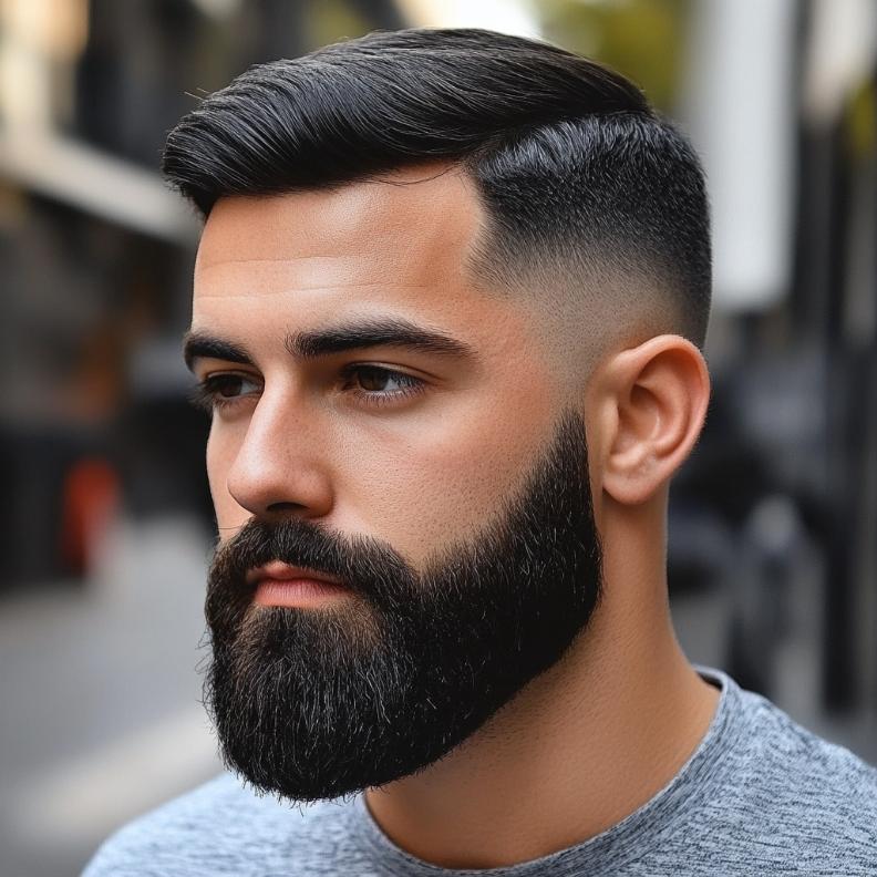 A stylish combination of Edgar haircuts for men paired with a well-groomed beard.