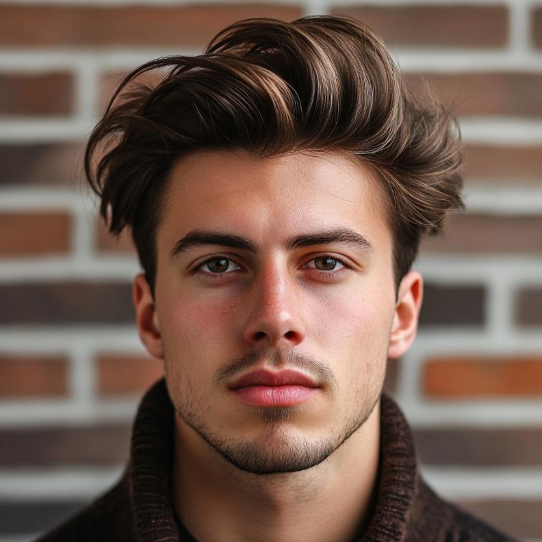 A stylish quiff, blending height and texture in medium length hairstyles for men.