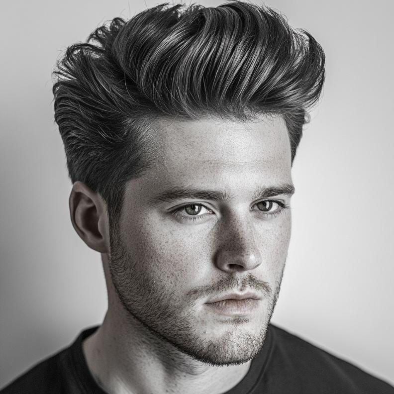 A textured pompadour, a modern twist on classic medium length hairstyles for men.