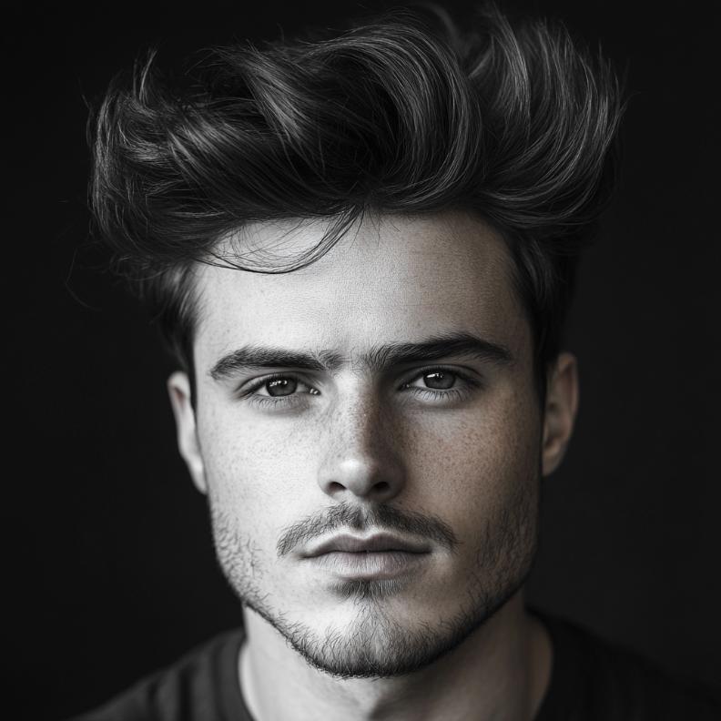 A textured quiff, blending volume and detail in medium length hairstyles for men.