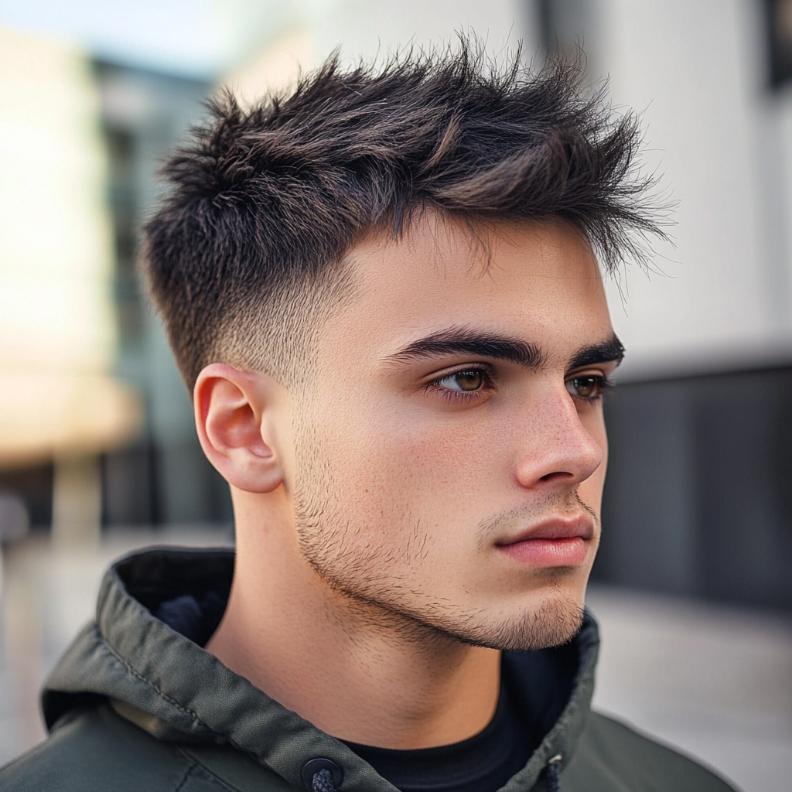 A textured, spiky look that adds edge to this Edgar haircut for men.