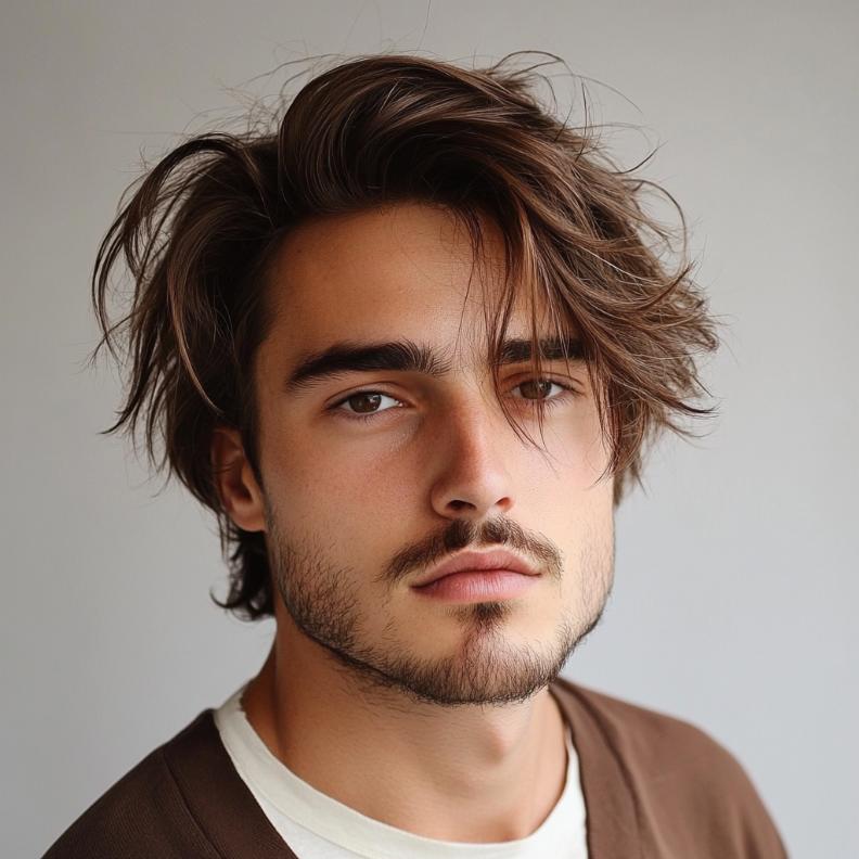 A tousled messy top, a relaxed style among medium length hairstyles for men.