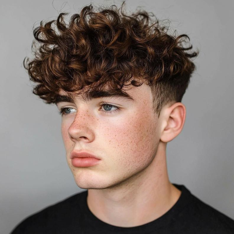 A unique version of Edgar haircuts for men that maintains natural curls with a blunt fringe.